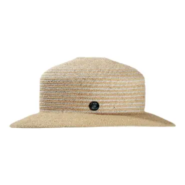 Sommerhut Cloche aus Raffia und Leinen mit gestreifter Krone