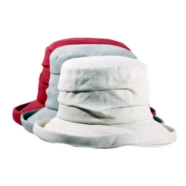 Bordeaux und Mittelgrau.|Damen Sommerhut aus 100 % Leinen in Mittelgrau.|Damen Sommerhut aus 100 % Leinen in Bordeaux.|Damen Sommerhut aus 100 % Leinen in Hellbeige.