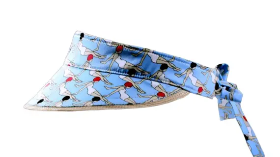 Sonnenschild mit blauer Badenixen-Grafik und Bindeschlaufe|