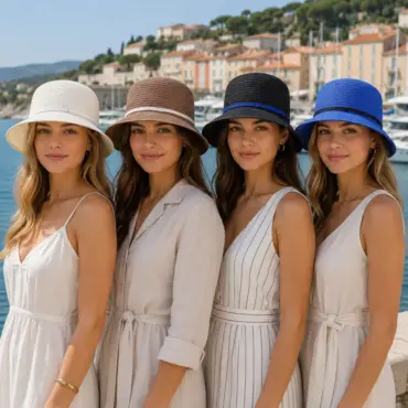 Vier Frauen tragen die Damencloche Bast rollbar mit Bridée von Risa an der Französischen Riviera
