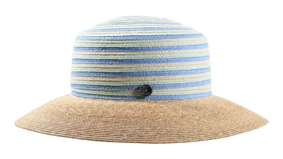 Damenhut mit gestreiftem Kopfteil in Himmelblau und naturfarbener Krempe|