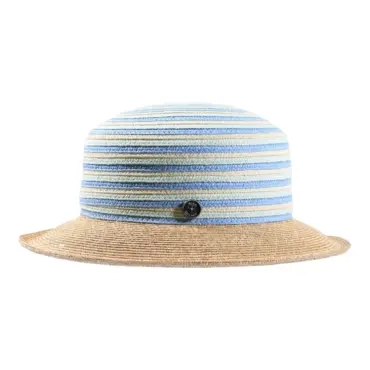 Damenhut mit gestreiftem Kopfteil in Himmelblau und naturfarbener Krempe|