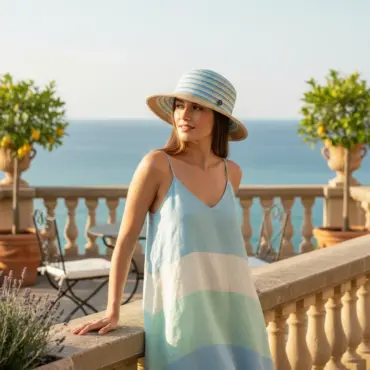 Cloche Pastel Summer Damenhut in Ciel mit Pastellstreifen und Risa-Knopf