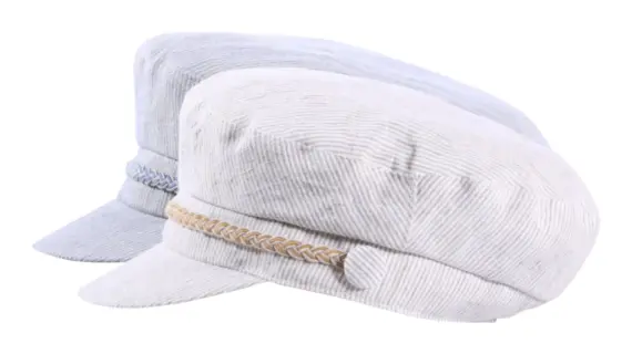 Camaret-Mütze aus gestreiftem Leinen in Camel oder Jeans|Camaret-Mütze aus gestreiftem Leinen in Camel oder Jeans|Camaret-Mütze aus gestreiftem Leinen in Camel oder Jeans|||