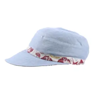 Leinenkappe Liegestuhlhut Ginko in Ciel mit floraler Garnitur und Schirm|