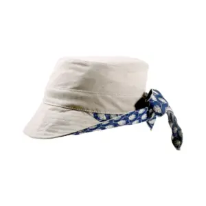 Damen Sommerhut Cloche mit Masche in écru/jeans aus Leinen und Baumwolle.|Damen Sommerhut Cloche mit Masche in écru/jeans aus Leinen und Baumwolle.