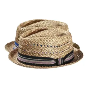 Pork Pie Strohhut natur mit gestreiftem Band in Braun oder Blau|Pork Pie Strohhut natur mit gestreiftem Band in Blau|Pork Pie Strohhut natur mit gestreiftem Band in Braun|||