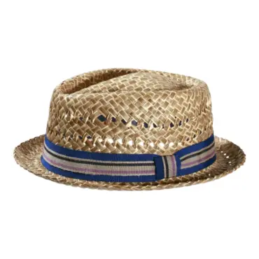 Pork Pie Strohhut natur mit gestreiftem Band in Blau