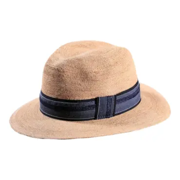 Sommerhut Fedora gehäkelt aus Raffia mit marineblauem Leinenband|
