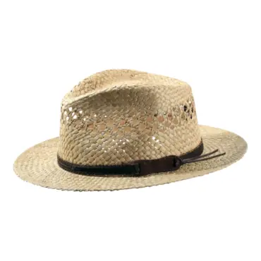 Freizeit Hut Bowens aus Stroh mit braunem Lederband.|