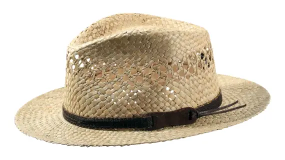 Freizeit Hut Bowens aus Stroh mit braunem Lederband.|