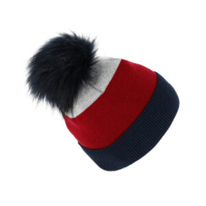 Strickmütze Feinstrick dreifarbig mit Kunstfellbommel – hochwertige Kopfbedeckung von Fiebig bei Hut Factory Schweiz