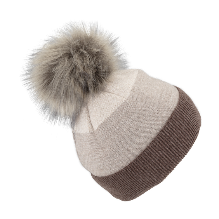 Strickmütze Feinstrick dreifarbig mit Kunstfellbommel – hochwertige Kopfbedeckung von Fiebig bei Hut Factory Schweiz