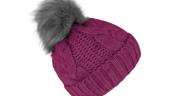 Strickmütze mit Kunstfellbommel mit Umschlag uni