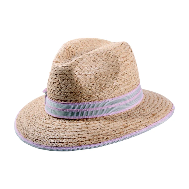 roter oder blauer Garnitur|Sommerhut Fedora aus Raffia mit rosa