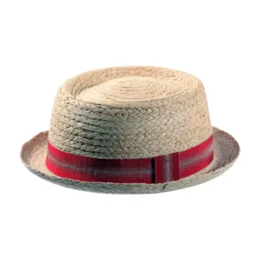 Pork Pie Sommerhut aus Raffia mit gestreiftem Hutband in Rot