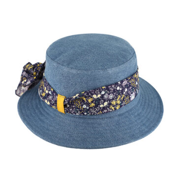 Fischerhut Jeansoptik Band mit Blumenmuster – hochwertige Kopfbedeckung von Fiebig bei Hut Factory Schweiz