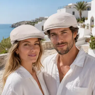 Frau und Mann mit Schiebermütze Clay Mittelbeige in Griechenland am Meer