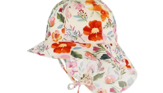 Kinderhut 6-Panel Blumenprint mit Nackenschutz und Band