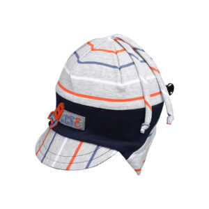 Kinder Stoffmütze Jersey gestreift mit Band und Schild