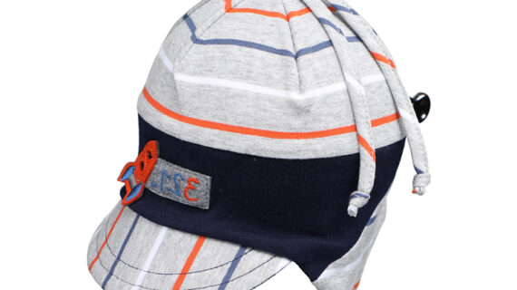 Kinder Stoffmütze Jersey gestreift mit Band und Schild