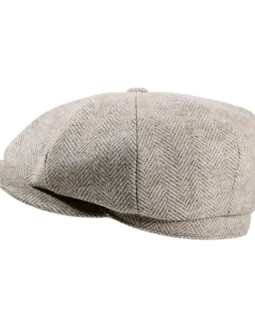 seitliche Ansicht.|Paperboy Shelby Wolle Moon in hellem Beige: klassische 8-Panel-Mütze im Herringbone-Muster