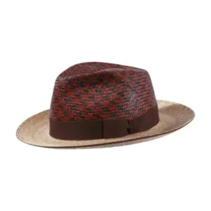 Fedora-Strohhut mit Hahnentritt-Krone und braunem Rebsband|||