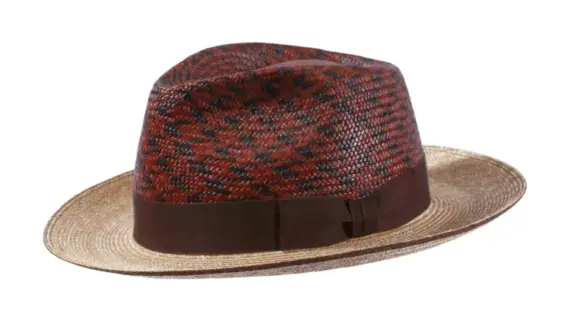 Fedora-Strohhut mit Hahnentritt-Krone und braunem Rebsband|||