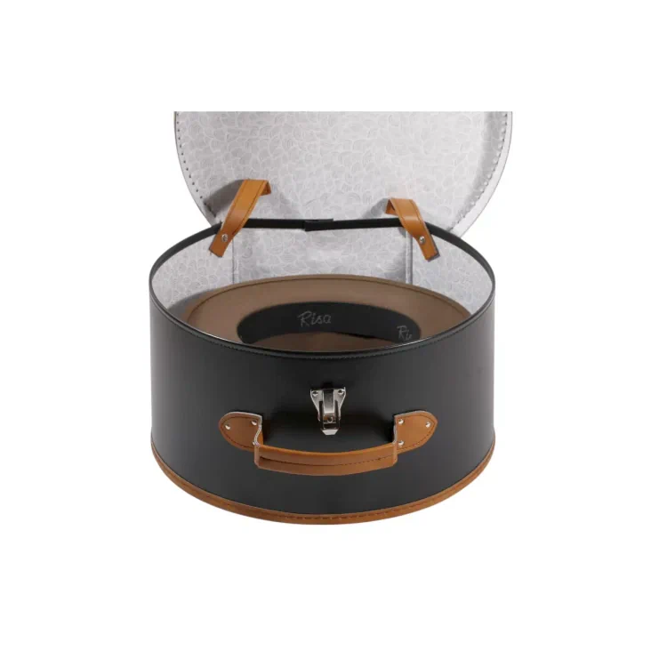 geöffnet und geschlossen in Medium und Large|Schwarzer Hutkoffer mit braunen Details