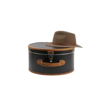 geöffnet und geschlossen in Medium und Large|Schwarzer Hutkoffer mit braunen Details