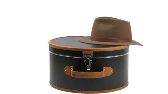 geöffnet und geschlossen in Medium und Large|Schwarzer Hutkoffer mit braunen Details