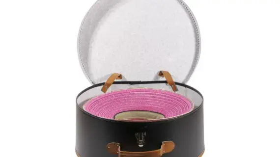 geöffnet und geschlossen in Medium und Large|Schwarzer Hutkoffer mit braunen Details