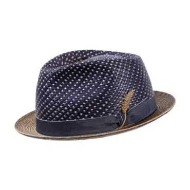 Player-Strohhut aus Panama und Weizenstroh in Marine mit Strohrispe|Player-Strohhut aus Panama und Weizenstroh in Marine mit Strohrispe||