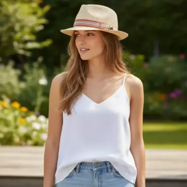 Trilby Strohhut woven lines Natur mit orangefarbenem Leinenhutband von Risa