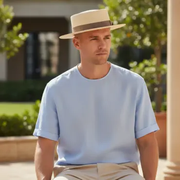 Fedora Strohhut natur mit niedriger Krone und Leinenband