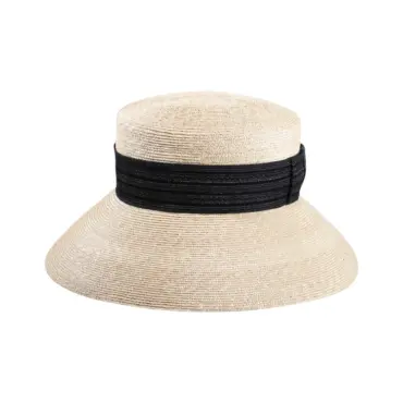 Cloche Strohhut natur mit breiter Krempe und schwarzem Band