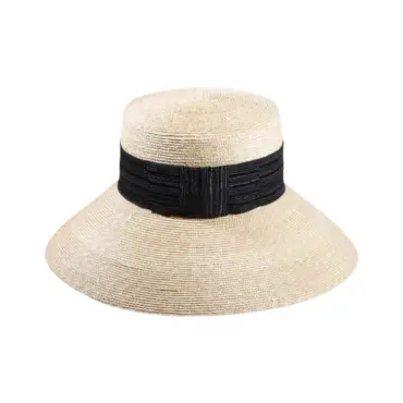 Cloche Strohhut natur mit breiter Krempe und schwarzem Band