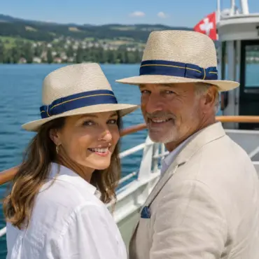 Frau und Mann mit Bogart Hendschiker:in auf einem Kursschiff auf dem Hallwiler See