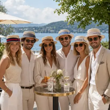 Freunde mit Canotier Freiamt Bünztaler/in auf Sommerterrasse am Schweizer See