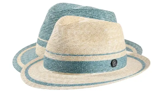 Fedora Strohhut mit natur und gletscherfarbig mit Streifen