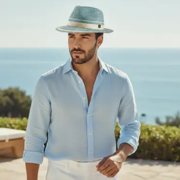 Fedora Strohhut mit natur und gletscherfarbig mit Streifen
