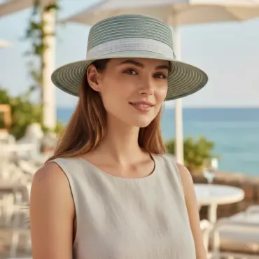 Cloche Strohhut Bicolor natur und gletscherfarben