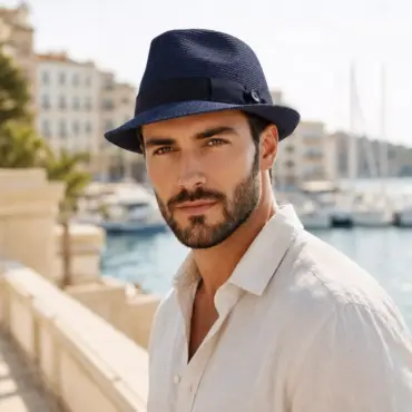 Trilby Hanf Navy an Herrenmodel auf der Französischen Riviera
