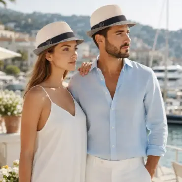 Trilby Hanfborte creme Seide an Damen- und Herrenmodel auf der Französischen Riviera