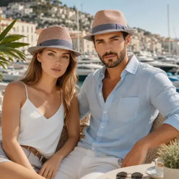 Trilby Hanf & Leinen Fischgrat an Damen- und Herrenmodel auf der Französischen Riviera
