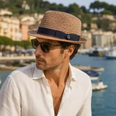 Trilby Golden Hemp marine an Herrenmodel auf der Französischen Riviera