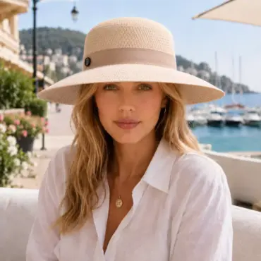 Dame mit breitrandigem Risa Cloche Hanfhut in Natur an der Französischen Riviera