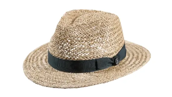 Fedora Traveler Marokko Strohhut Natur von Risa Schweiz mit petrolfarbenem Rebs-Hutband