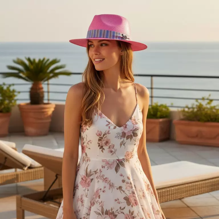 Traveler Parasisol Beauties Damenhut Pink mit gestreiftem Seidenhutband