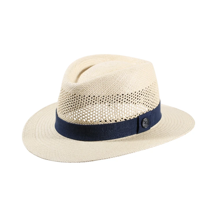 Ventilierter Panama Fedora Natur mit marineblauem Leinenband von Risa Schweiz